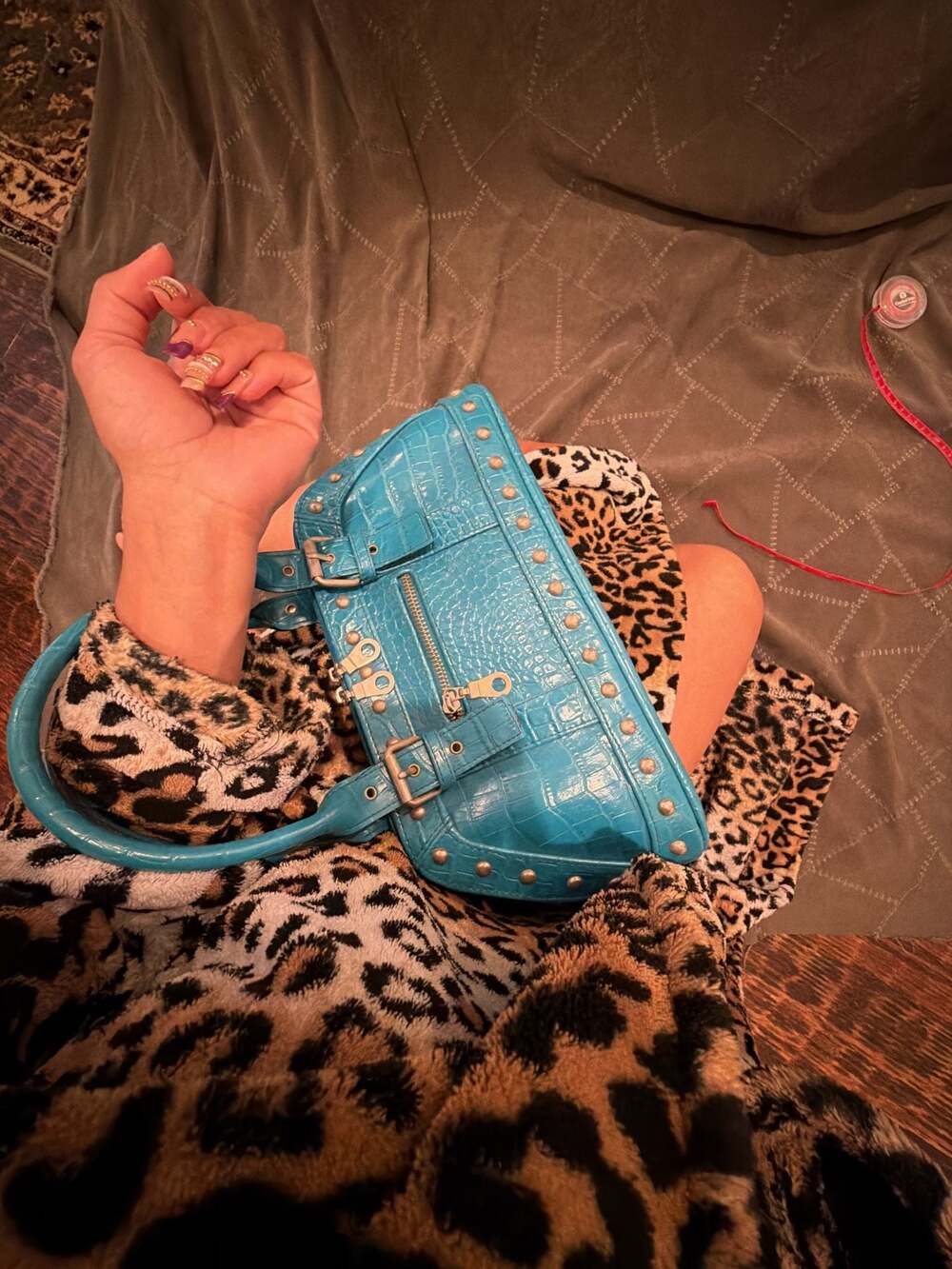 Blue Faux Croc Leather Handbag with Silver Studs